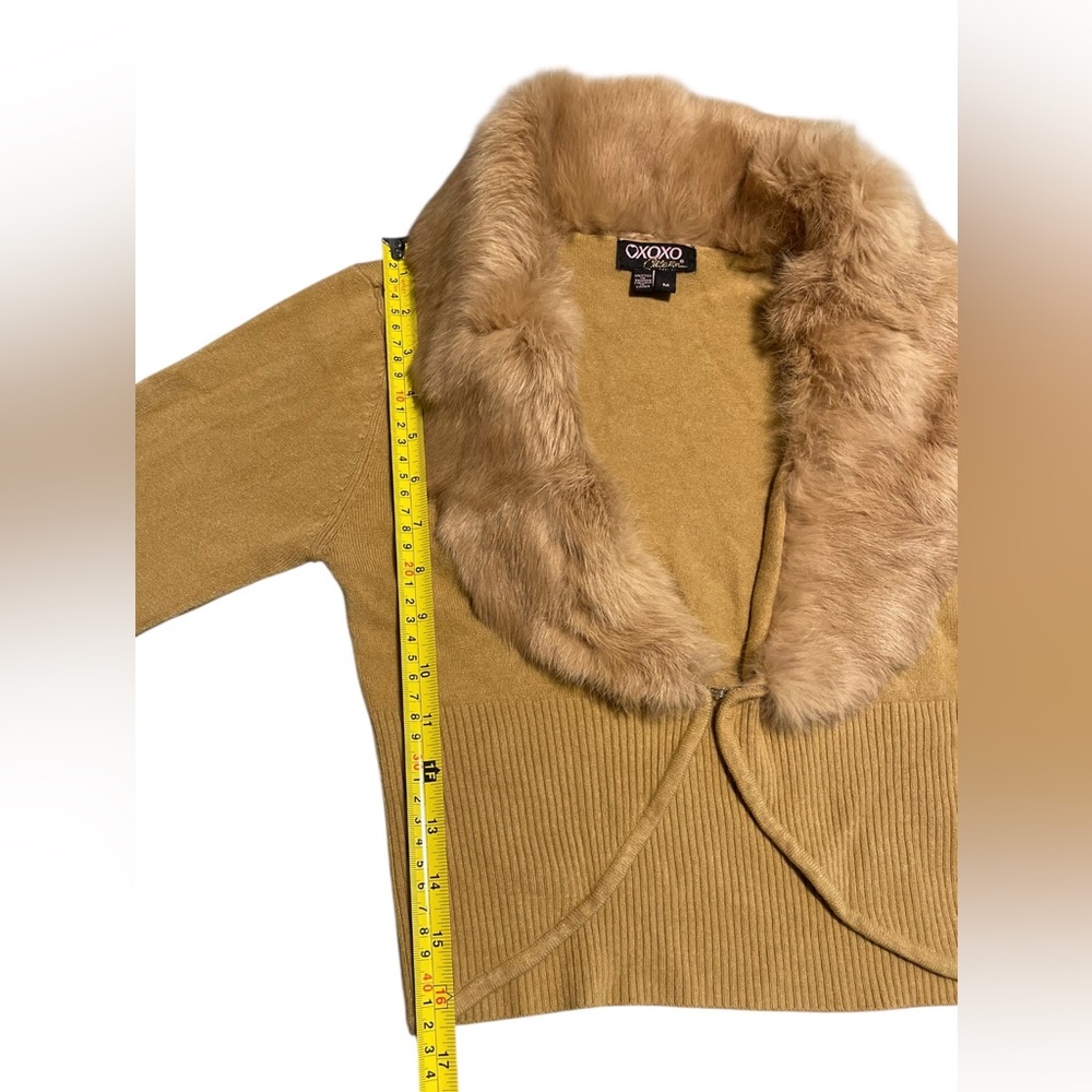 XOXO Collection Brown Rabbit Fur Trim Crop Ribbed Cardigan Sweater Y2K Sz Medium - Picture 10 of 12